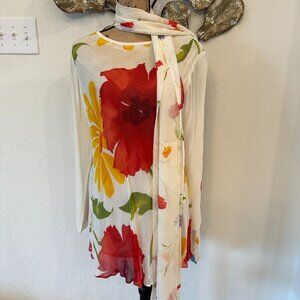 Dorothy Schoelen Platinum 3-Piece Set – Floral Tunic Top & Wide-Leg Pants